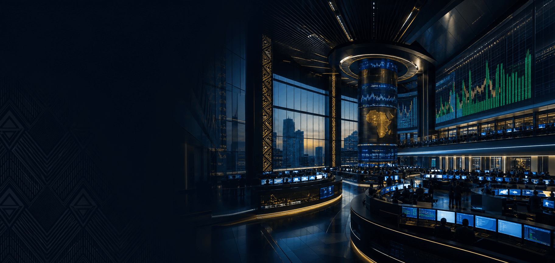 PANEX Market institutional exchange headquarters with market data walls